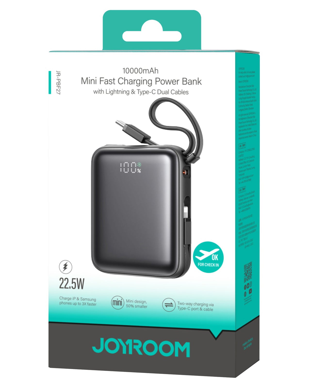 Ekstern batteri Joyroom JR-PBF27, 10000mAh, 22.5W, QC + PD, 1 x Lightning - 2 x USB-C, Svart