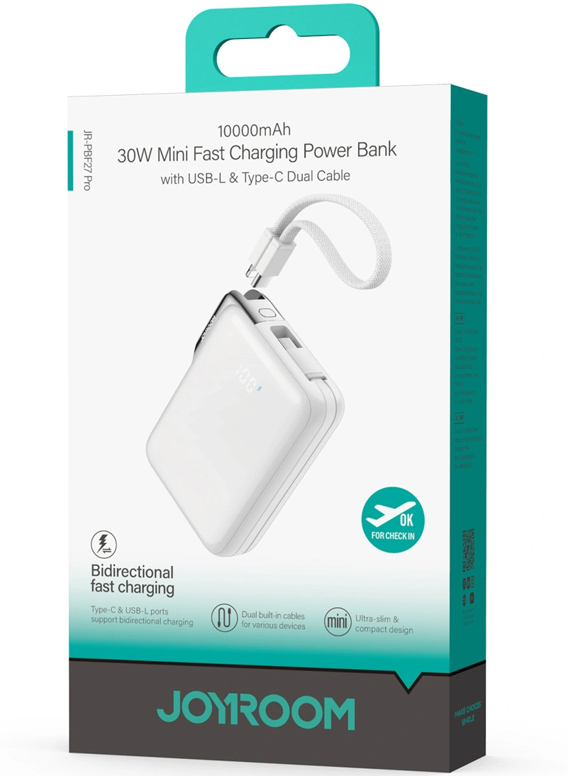Ekstern batteri Joyroom JR-PBF27 Pro, 10000mAh, 30W, QC + PD, 1 x Lightning - 2 x USB-C, Hvit
