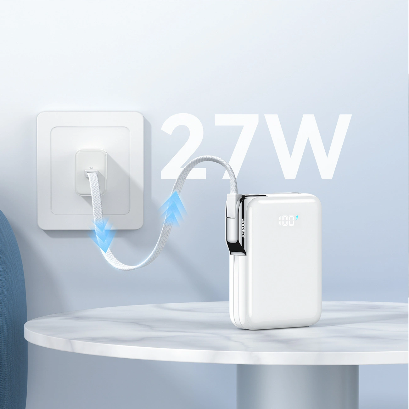Ekstern batteri Joyroom JR-PBF27 Pro, 10000mAh, 30W, QC + PD, 1 x Lightning - 2 x USB-C, Hvit