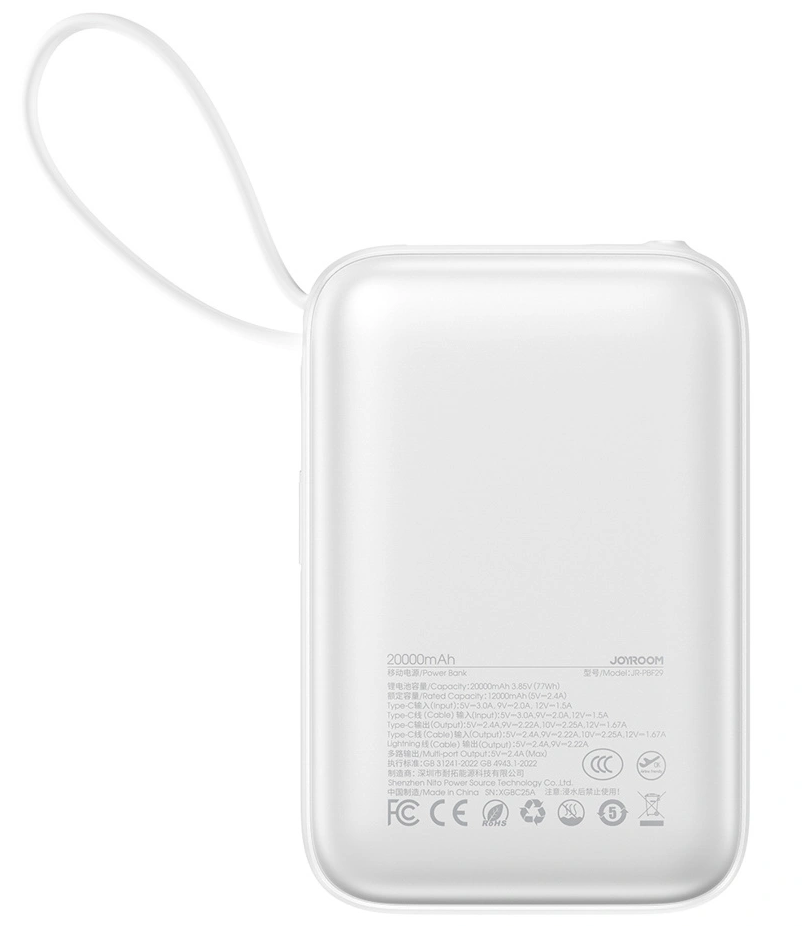 Ekstern batteri Joyroom JR-PBF29, 20000mAh, 22.5W, QC + PD, 1 x Lightning - 2 x USB-C, Hvit