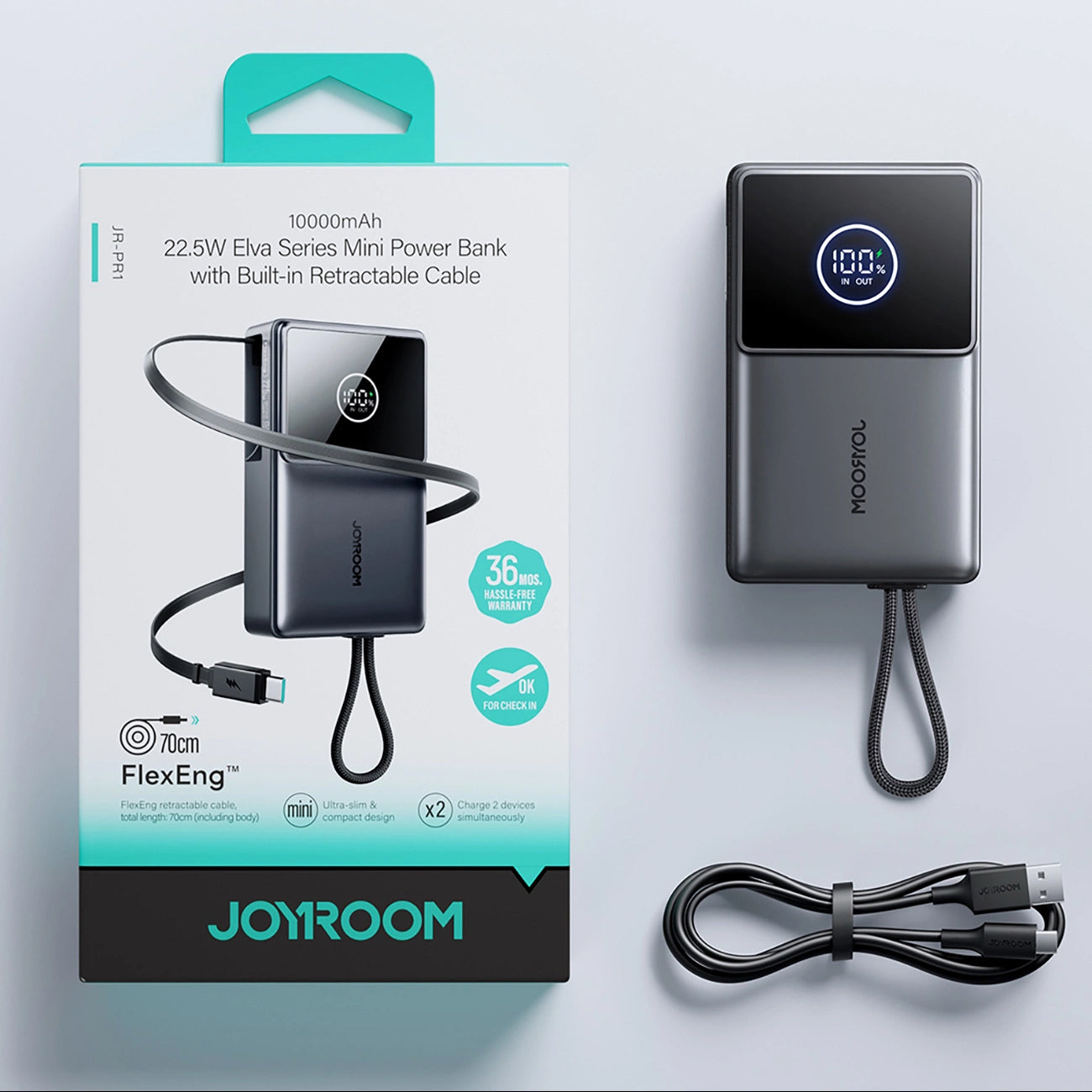 Ekstern batteri Joyroom JR-PR1, 10000mAh, 22.5W, PD, 2 x USB-C, Grå