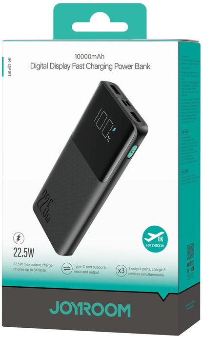 Ekstern batteri Joyroom JR-QP191, 10000mAh, 22.5W, QC + PD, 1 x USB-C - 2 x USB-A, Svart