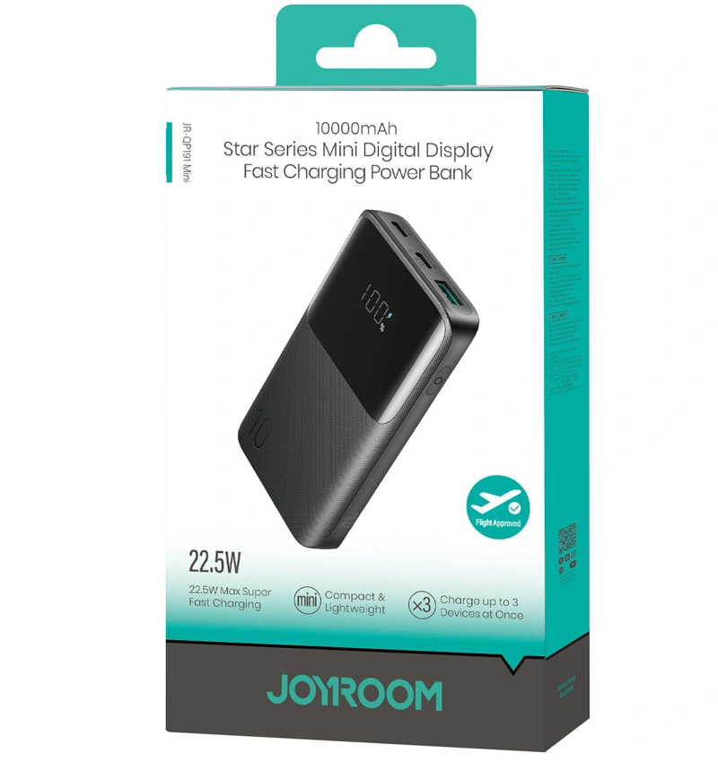 Ekstern Batteri Joyroom JR-QP191, 10000mAh, 22.5W, QC + PD, 1 x USB-A - 2 x USB-C, Svart