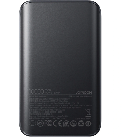 Ekstern Batteri Joyroom JR-QP191, 10000mAh, 22.5W, QC + PD, 1 x USB-A - 2 x USB-C, Svart