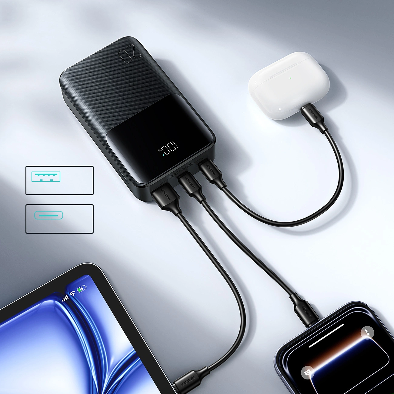 Ekstern batteri Joyroom JR-QP192, 20000mAh, 22.5W, QC + PD, 1 x USB-A - 2 x USB-C, Svart