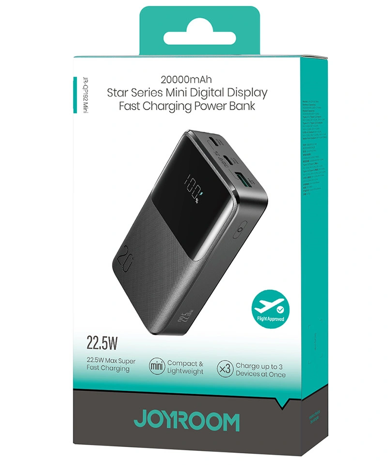 Ekstern batteri Joyroom JR-QP192, 20000mAh, 22.5W, QC + PD, 1 x USB-A - 2 x USB-C, Svart