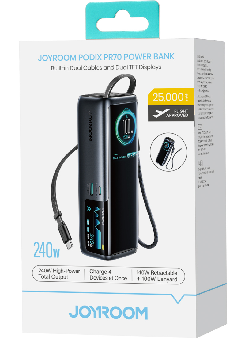 Joyroom PODIX PR70 powerbank, 25000 mAh, 240 W, QC + PD, 1 x USB-A – 3 x USB-C, svart