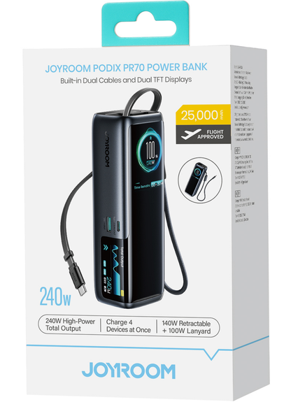 Joyroom PODIX PR70 powerbank, 25000 mAh, 240 W, QC + PD, 1 x USB-A – 3 x USB-C, svart