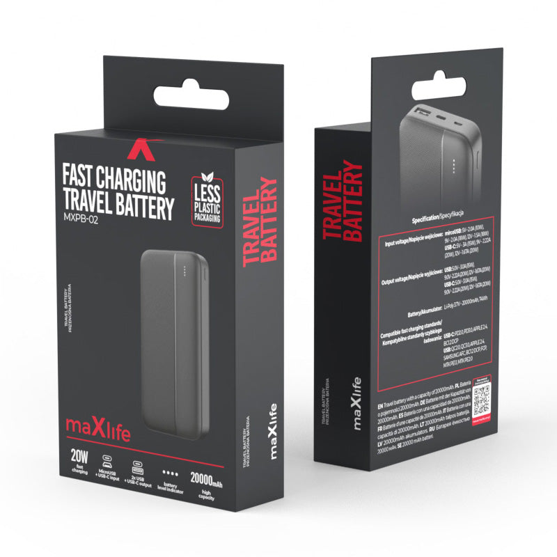 Ekstern batteri MaXlife MXPB-02, 20000mAh, 20W, QC + PD, 1 x USB-A - 1 x USB-C, Svart
