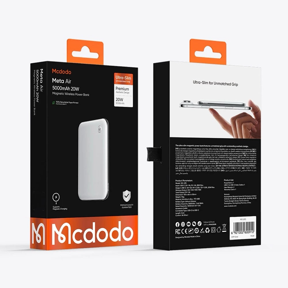 Trådløs Ekstern Batteri McDodo MC-2931 Meta Air, 5000mAh, 20W, PD + FQI, 1 x QI - 1 x USB-C, Svart