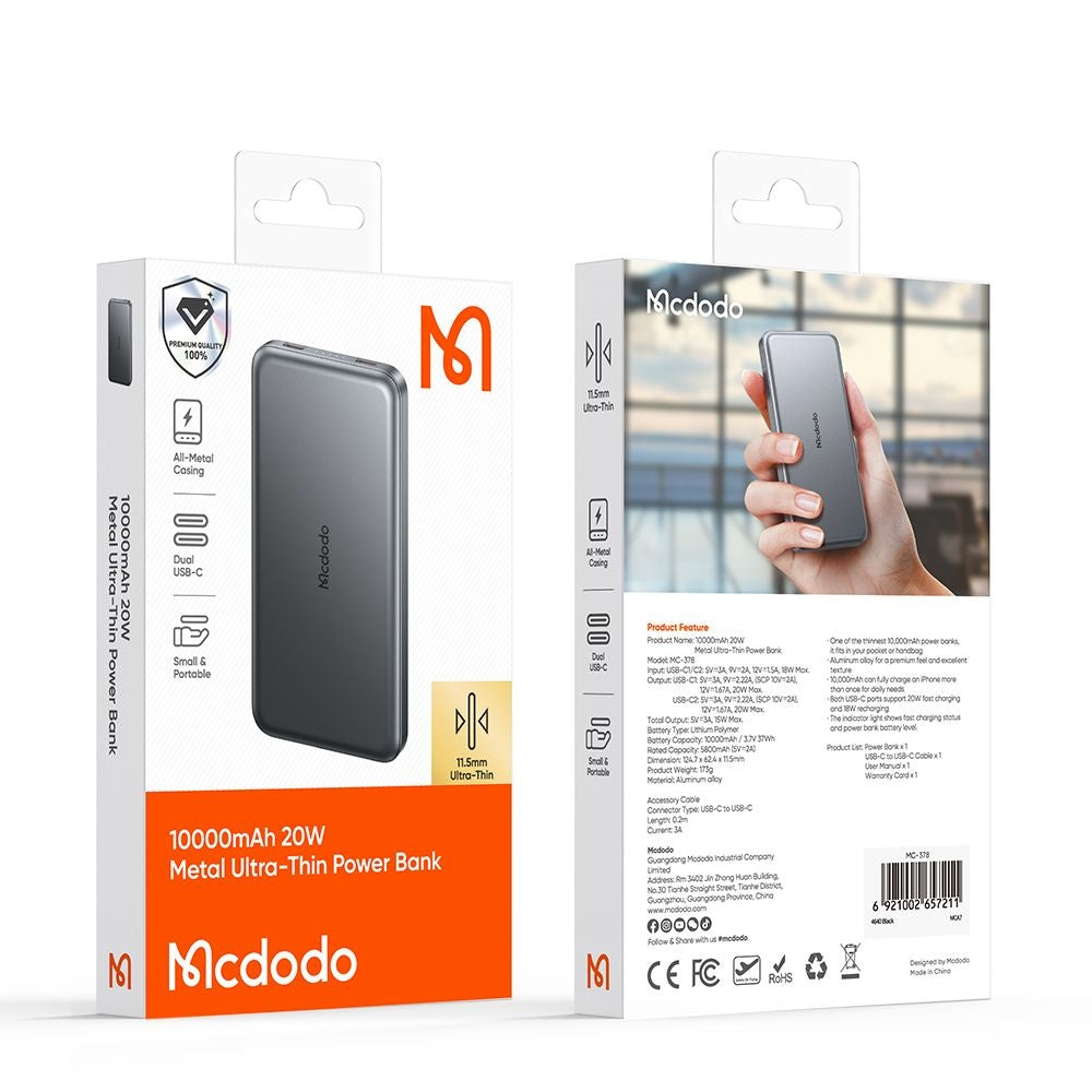 Trådløst Eksternt Batteri McDodo MC-3781 Meta, 10000mAh, 20W, PD + FQI, 1 x QI - 2 x USB-C, Svart