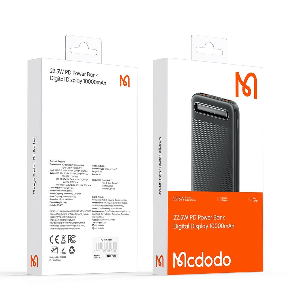 Ekstern batteri McDodo MC-3881 Star, 10000mAh, 22.5W, QC + PD, 2 x USB-A - 1 x USB-C, Svart