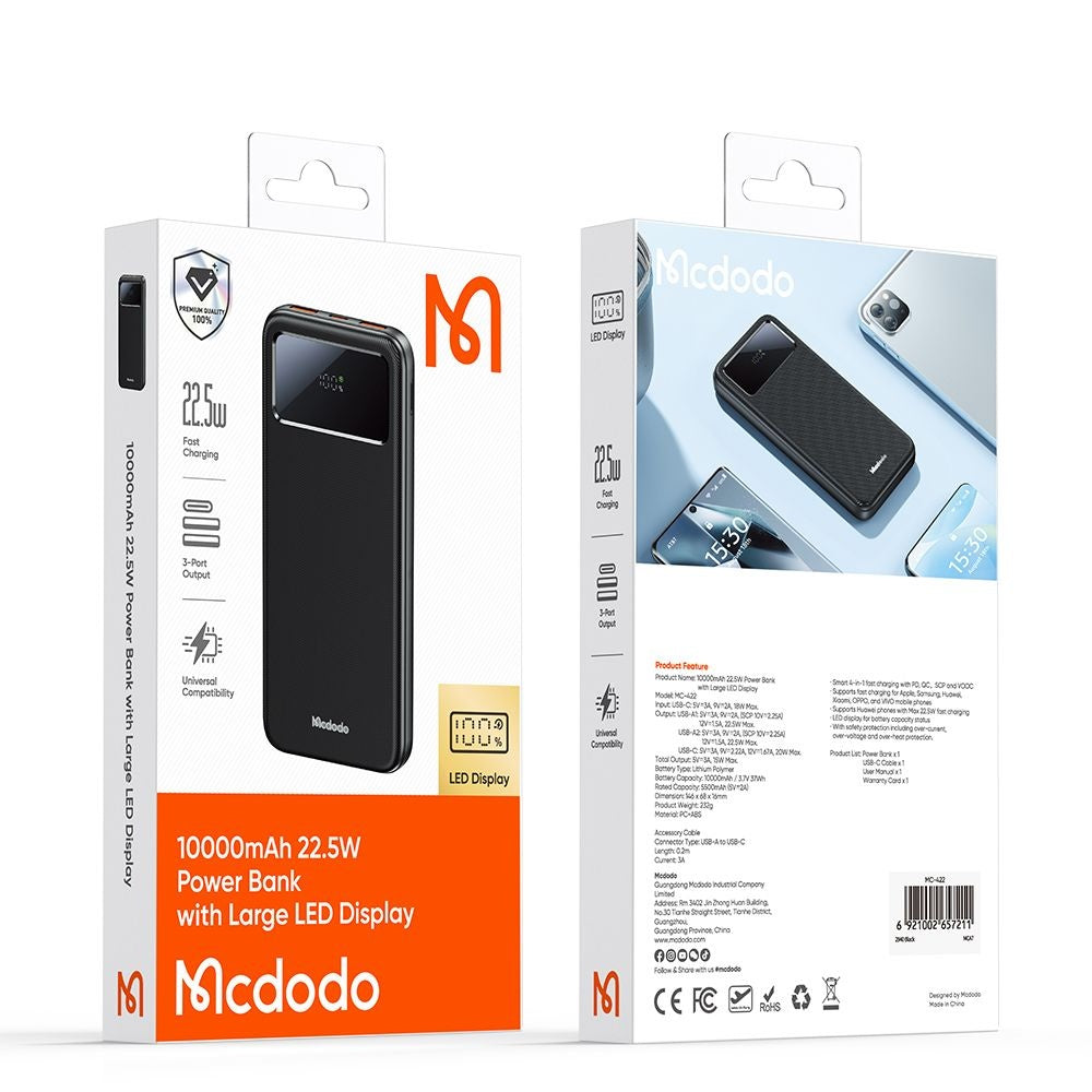 Ekstern batteri McDodo MC-4220, 10000mAh, 22.5W, QC + PD, 2 x USB-A - 1 x USB-C, Svart