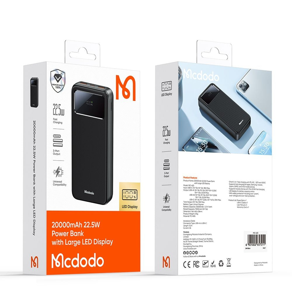 Ekstern batteri McDodo MC-4230, 20000mAh, 22.5W, QC + PD, 2 x USB-A - 1 x USB-C, Svart