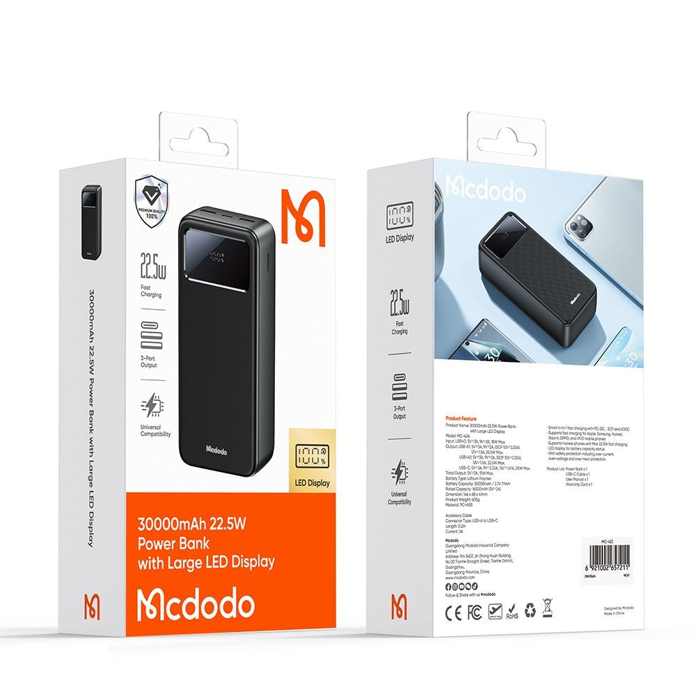 Ekstern batteri McDodo MC-4240, 30000mAh, 22.5W, QC + PD, 2 x USB-A - 1 x USB-C, Svart