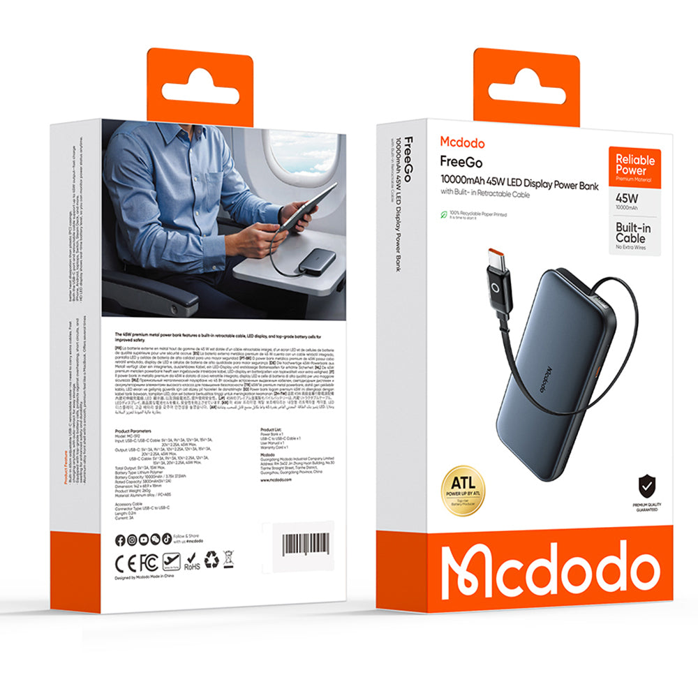 Ekstern batteri McDodo MC-5920 MetaFree, 10000mAh, 45W, PD, 2 x USB-C, Grå