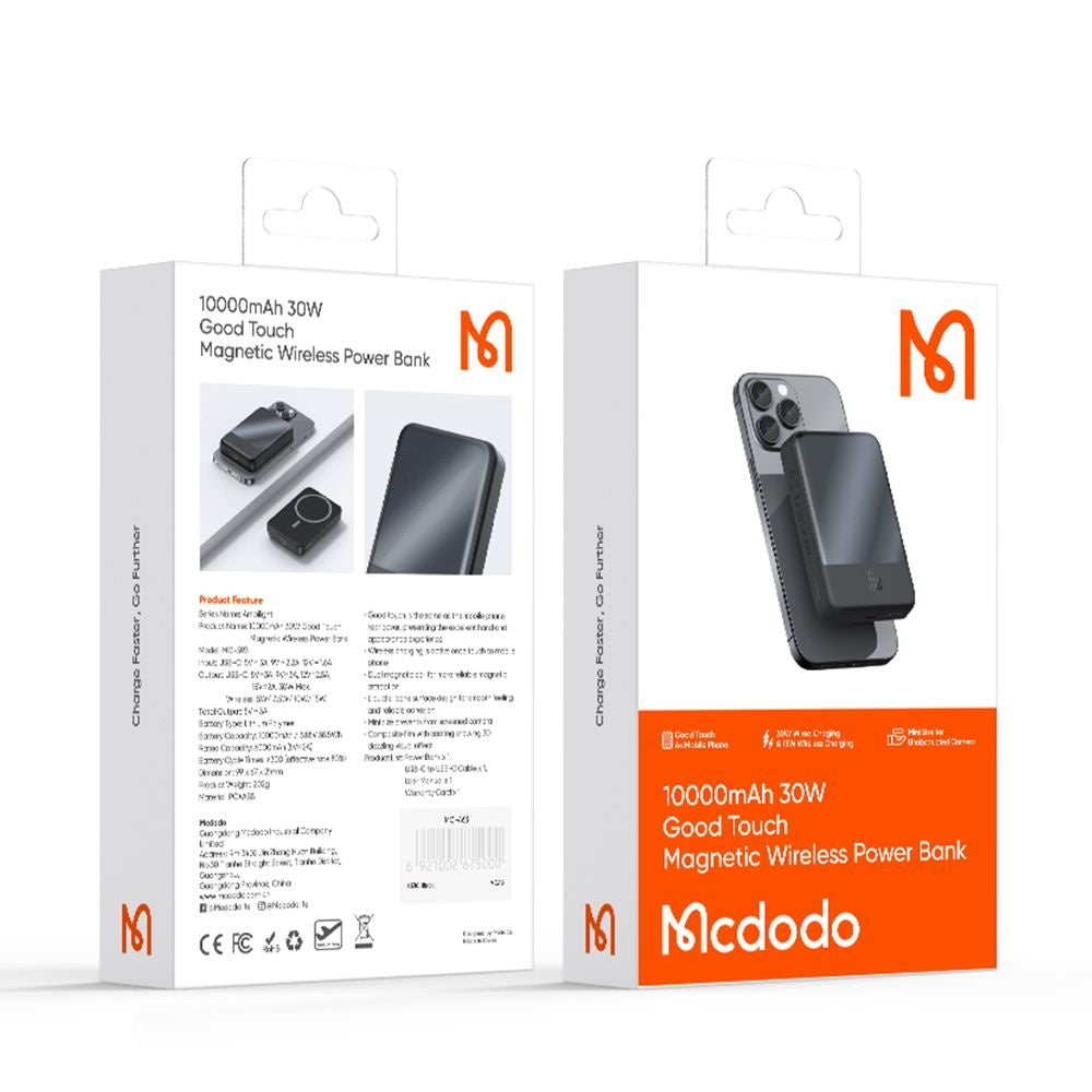 Trådløs Ekstern Batteri McDodo MC-5931 Ambilight, 10000mAh, 30W, PD + FQI, 1 x QI - 1 x USB-C, Svart
