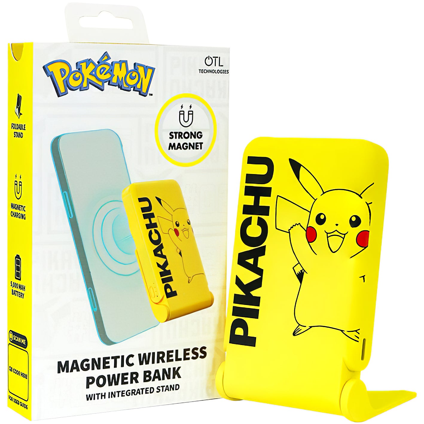 Trådløs ekstern batteri OTL Pokemon Pikatchu, 5000mAh, 20W, PD + FQI, 1 x QI - 1 x USB-C, Gul PK1191