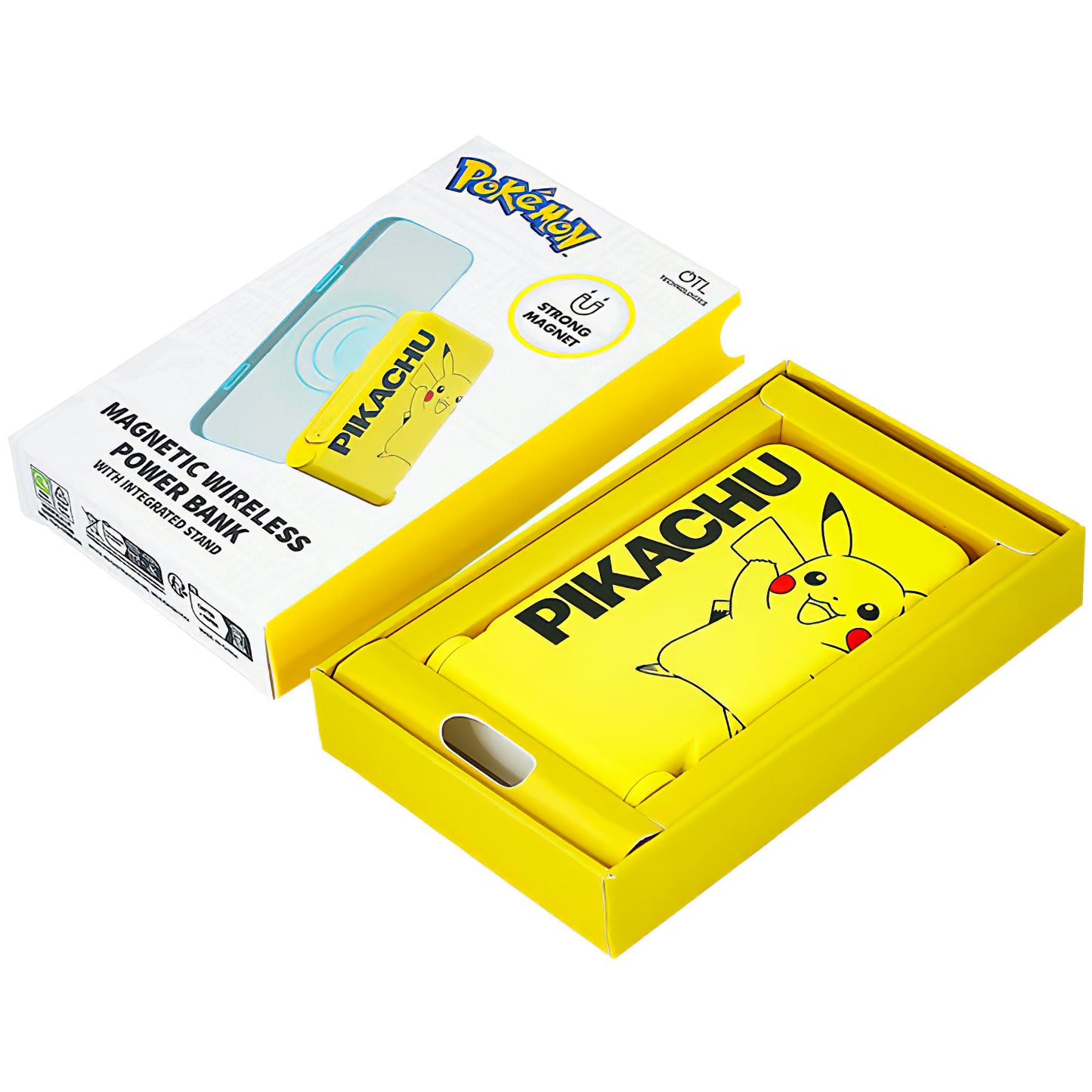 Trådløs ekstern batteri OTL Pokemon Pikatchu, 5000mAh, 20W, PD + FQI, 1 x QI - 1 x USB-C, Gul PK1191