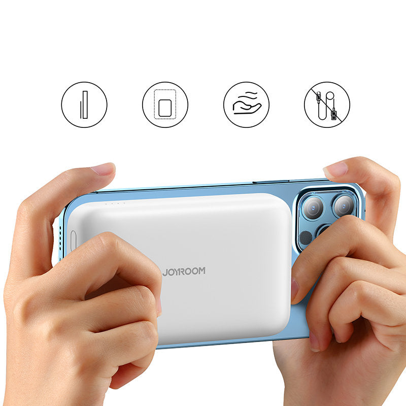 Ekstern trådløs batteri Joyroom JR-W020, 10000mAh, 20W, QC + PD + FQI, 1 x QI - 1 x USB-A - 1 x USB-C, Hvit
