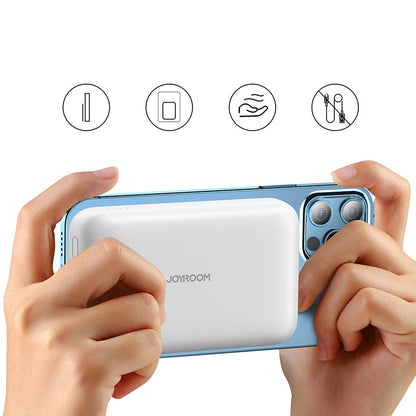 Ekstern trådløs batteri Joyroom JR-W020, 10000mAh, 20W, QC + PD + FQI, 1 x QI - 1 x USB-A - 1 x USB-C, Hvit
