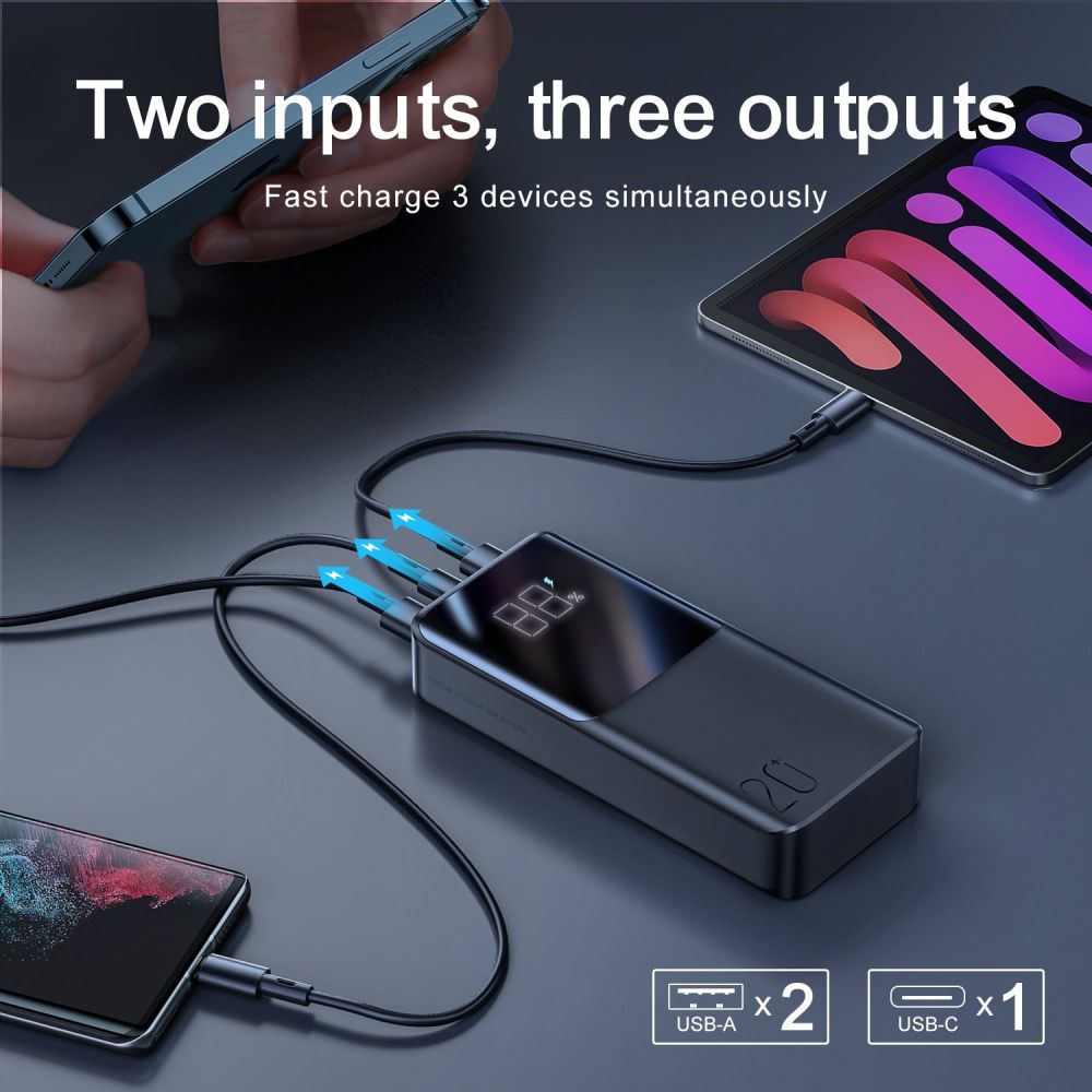 Ekstern batteri Joyroom, 20000mAh, 22.5W, QC + PD, 1 x USB-C - 2 x USB-A, Svart JR-QP192