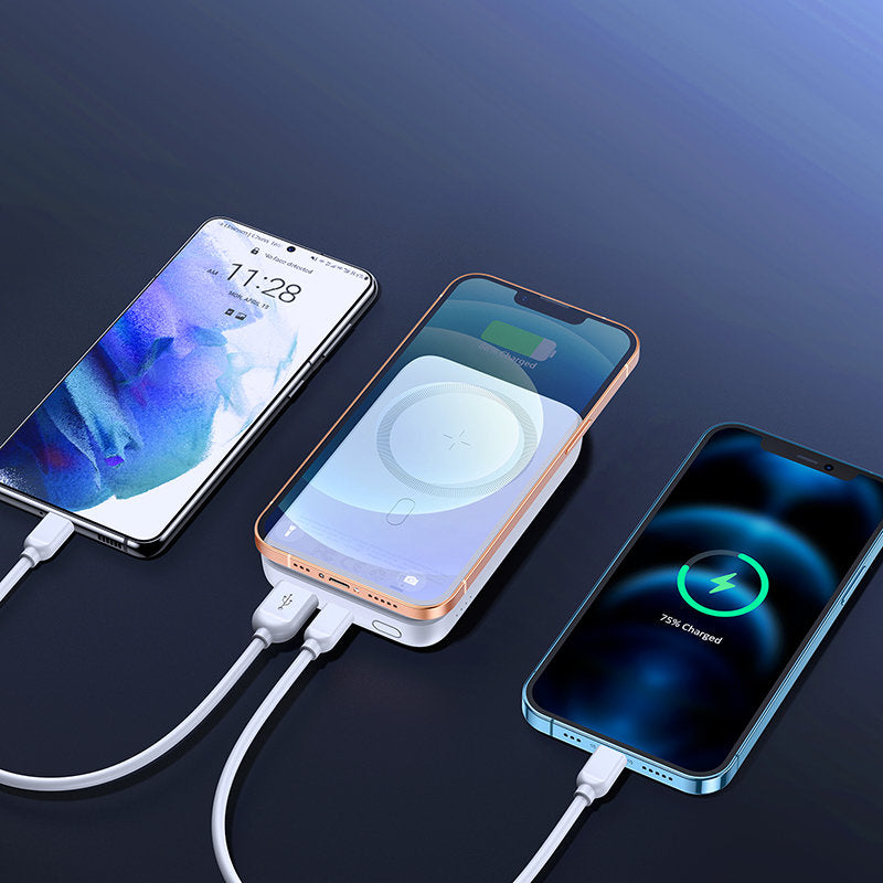 Ekstern trådløs batteri Joyroom JR-W020, 10000mAh, 20W, QC + PD + FQI, 1 x QI - 1 x USB-A - 1 x USB-C, Hvit