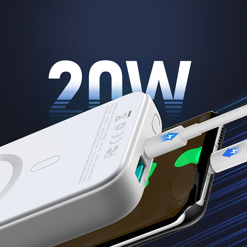 Ekstern trådløs batteri Joyroom JR-W020, 10000mAh, 20W, QC + PD + FQI, 1 x QI - 1 x USB-A - 1 x USB-C, Hvit