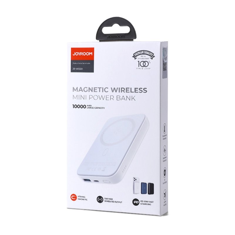 Ekstern trådløs batteri Joyroom JR-W020, 10000mAh, 20W, QC + PD + FQI, 1 x QI - 1 x USB-A - 1 x USB-C, Hvit