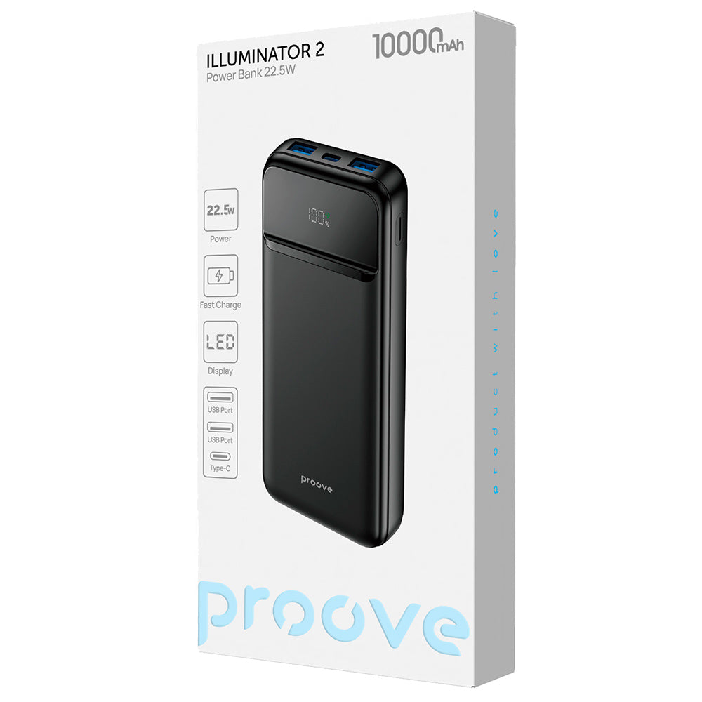 Ekstern Batteri Proove Illuminator 2, 10000mAh, 22.5W, QC + PD, 2 x USB-A - 1 x USB-C, Svart PBIP10212201