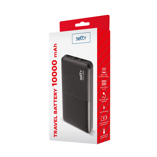 Setty Ekstern Batteri, 10000mAh, 10W, 2 x USB-A, Svart