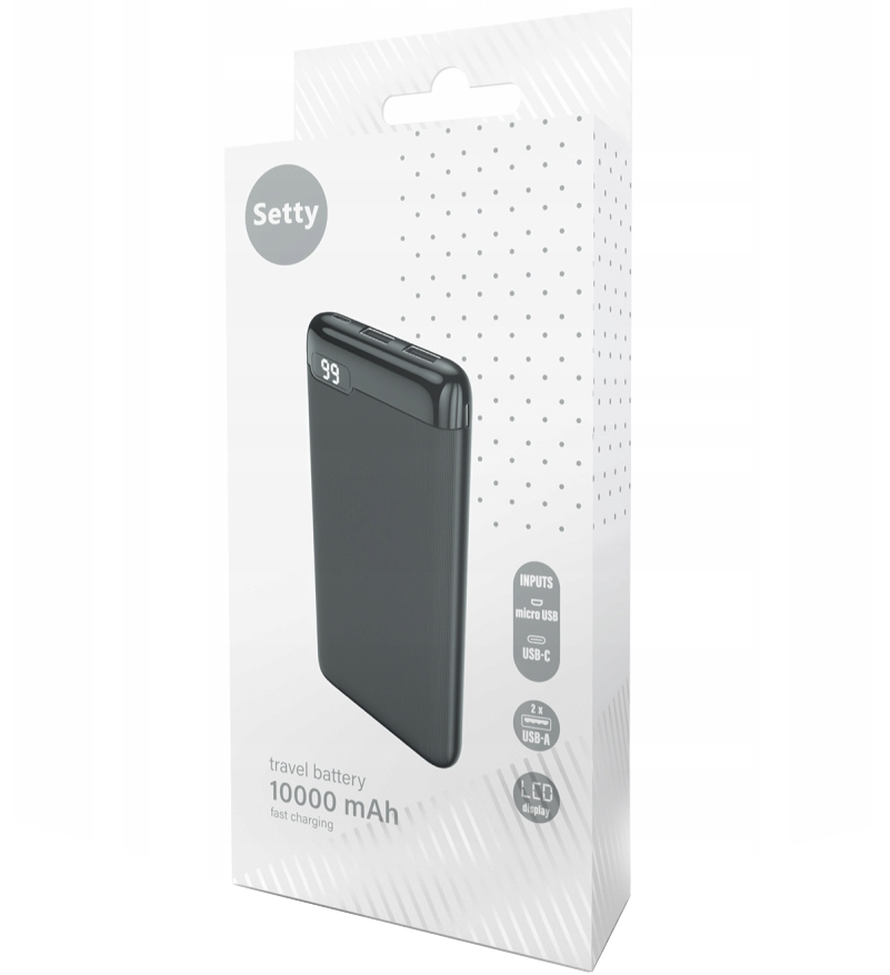 Ekstern batteri Setty SPBL-10, 10000mAh, 10W, 2 x USB-A, Svart