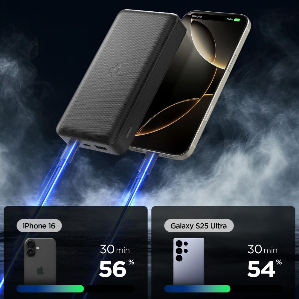 Ekstern batteri Spigen, 20000mAh, 30W, QC + PD, 1 x USB-A - 2 x USB-C, Svart