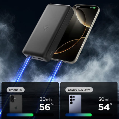 Ekstern batteri Spigen, 30000mAh, 30W, QC + PD, 1 x USB-A - 2 x USB-C, Svart