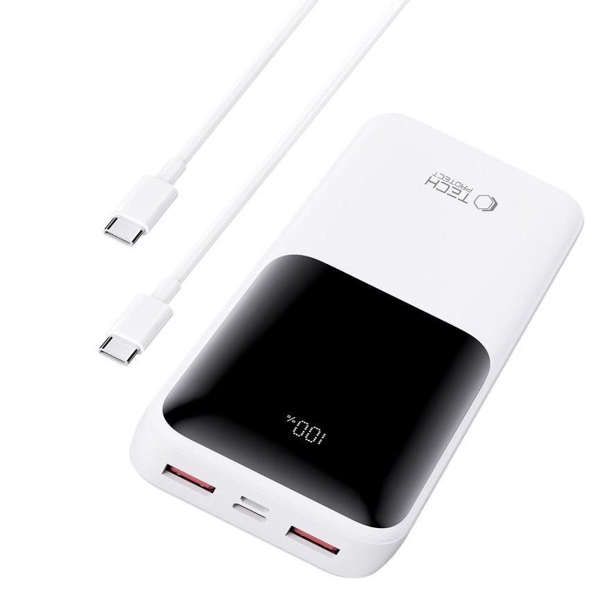 Ekstern batteri Tech-Protect PB02, 20000mAh, 22.5W, QC + PD, 1 x USB-C - 2 x USB-A, Hvit