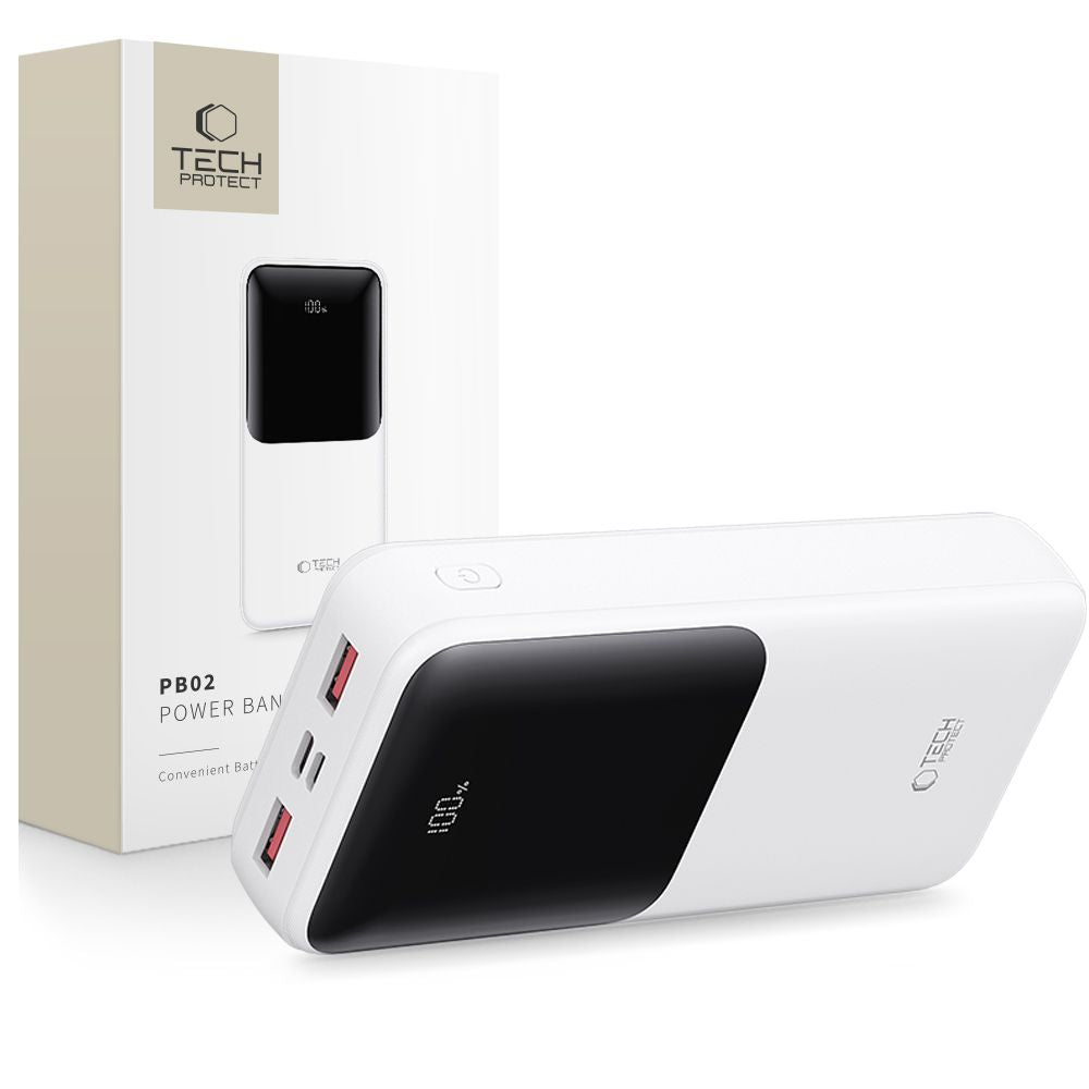 Ekstern batteri Tech-Protect PB02, 20000mAh, 22.5W, QC + PD, 1 x USB-C - 2 x USB-A, Hvit