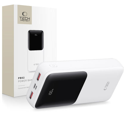 Ekstern batteri Tech-Protect PB02, 20000mAh, 22.5W, QC + PD, 1 x USB-C - 2 x USB-A, Hvit