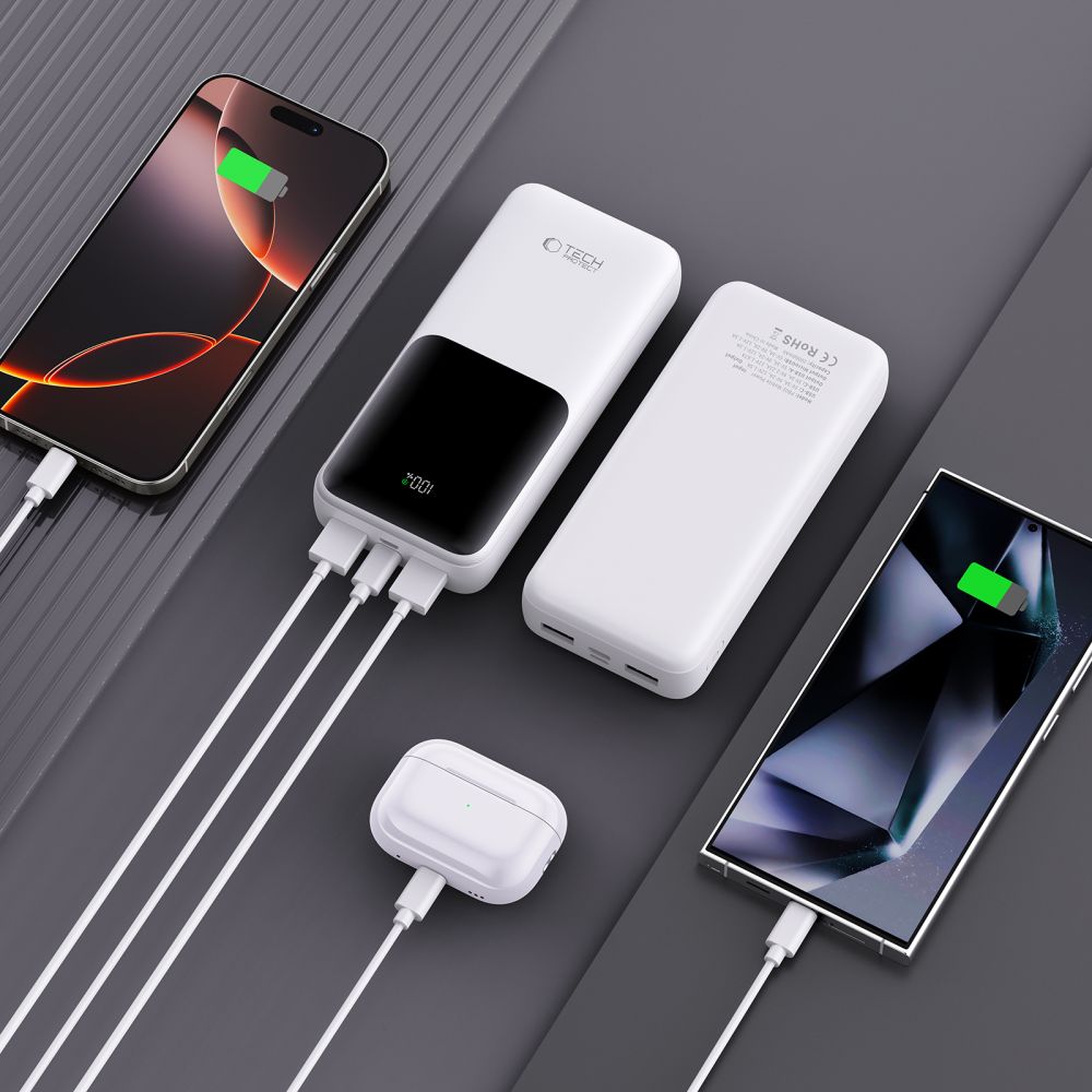 Ekstern batteri Tech-Protect PB02, 20000mAh, 22.5W, QC + PD, 1 x USB-C - 2 x USB-A, Hvit