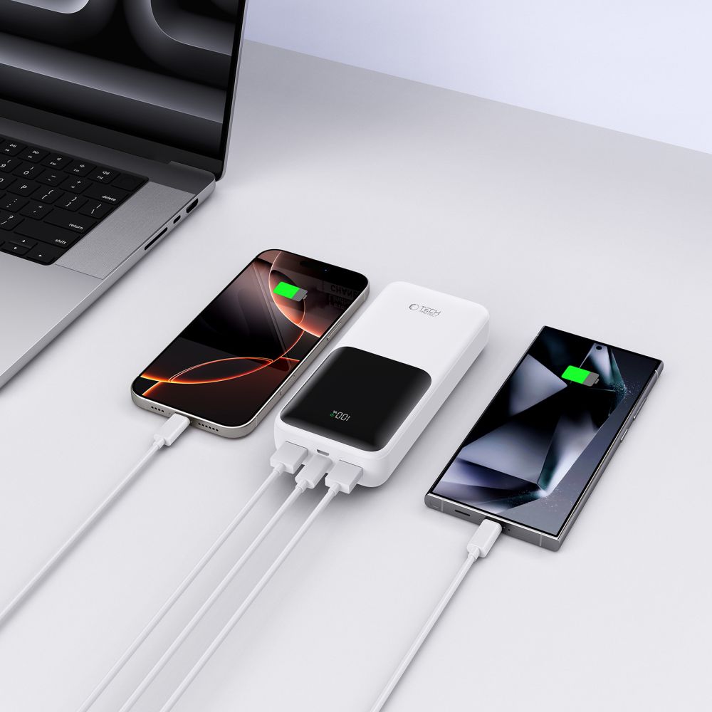 Ekstern batteri Tech-Protect PB02, 20000mAh, 22.5W, QC + PD, 1 x USB-C - 2 x USB-A, Hvit