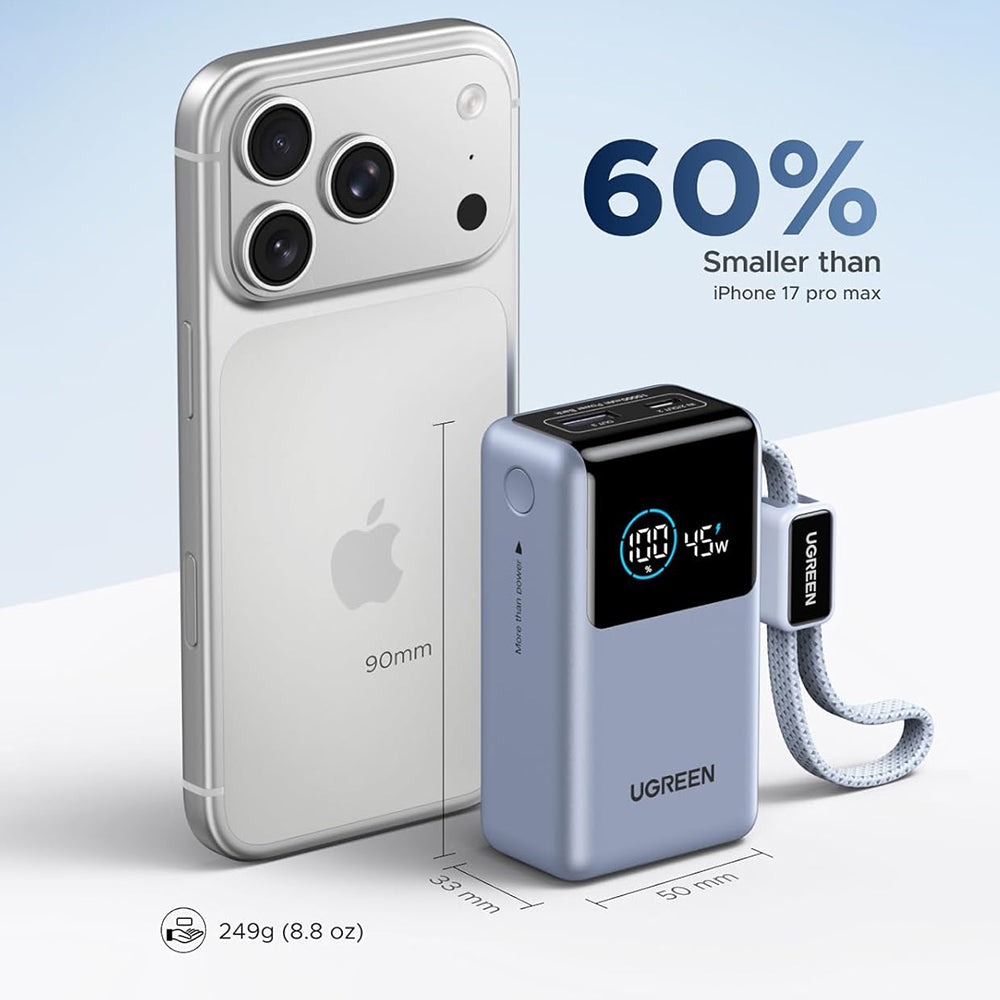 UGREEN Nexode Pro PB727 (75701B) Ekstern Batteri, 10000mAh, 55W, QC + PD, 1 x USB-A - 2 x USB-C, Grå