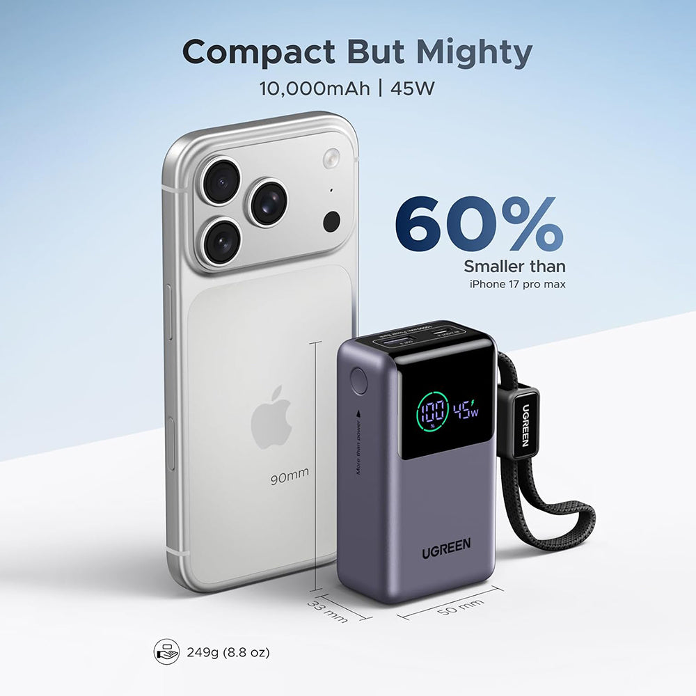 Ekstern batteri UGREEN Nexode Pro PB727 (85301B), 10000mAh, 55W, QC + PD, 1 x USB-A - 2 x USB-C, Grå