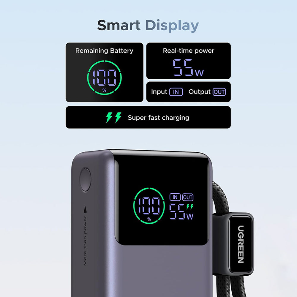Ekstern batteri UGREEN Nexode Pro PB727 (85301B), 10000mAh, 55W, QC + PD, 1 x USB-A - 2 x USB-C, Grå