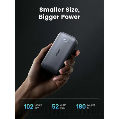 Ekstern batteri UGREEN PB502, 10000mAh, 30W, QC + PD, 1 x USB-A - 1 x USB-C, Grå