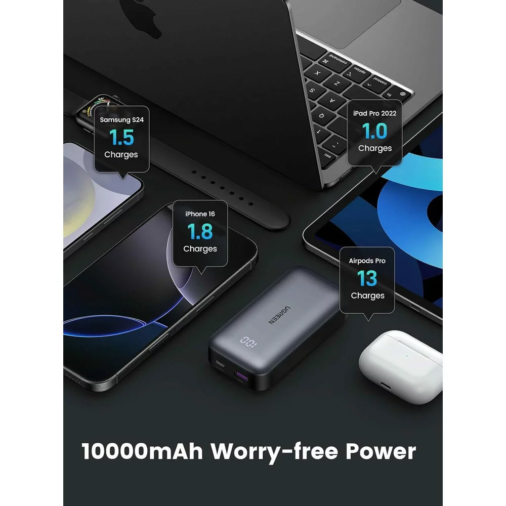 Ekstern batteri UGREEN PB502, 10000mAh, 30W, QC + PD, 1 x USB-A - 1 x USB-C, Grå
