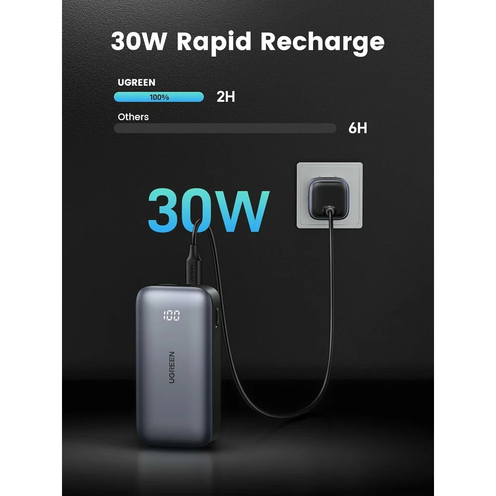 UGREEN PB502 Eksternt batteri, 10000 mAh, 30 W, QC + PD, 1 x USB-A - 1 x USB-C, grå 