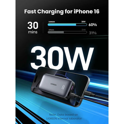 Ekstern batteri UGREEN PB502, 10000mAh, 30W, QC + PD, 1 x USB-A - 1 x USB-C, Grå