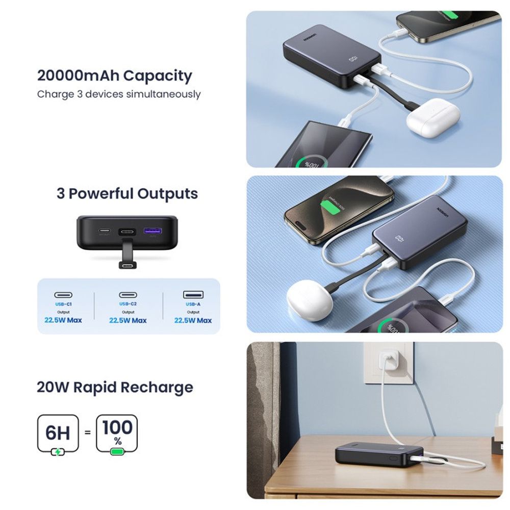 Ekstern batteri UGREEN PB505, 20000mAh, 22.5W, QC + PD, 1 x USB-A - 2 x USB-C, Grå