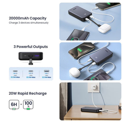 Ekstern batteri UGREEN PB505, 20000mAh, 22.5W, QC + PD, 1 x USB-A - 2 x USB-C, Grå