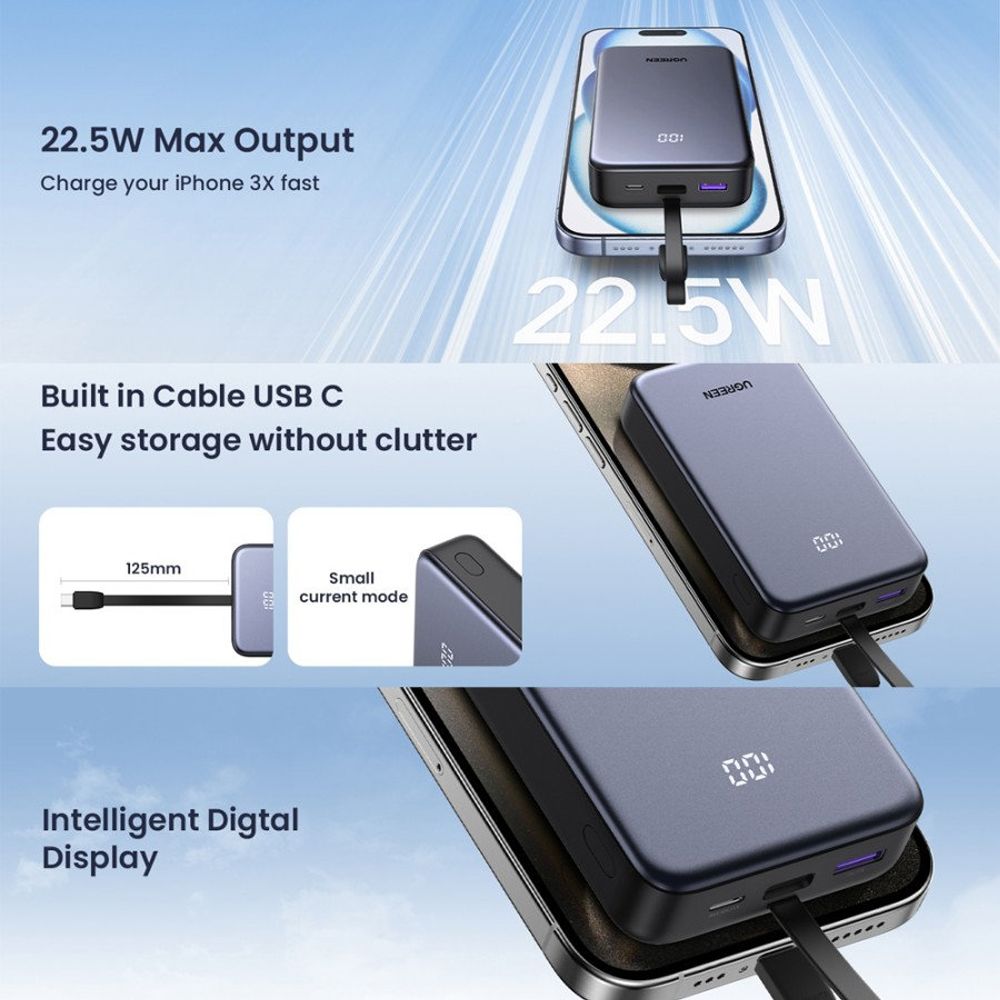 Ekstern batteri UGREEN PB505, 20000mAh, 22.5W, QC + PD, 1 x USB-A - 2 x USB-C, Grå