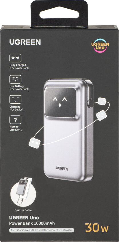 UGREEN PB511 Uno Ekstern Batteri, 10000mAh, 30W, QC + PD, 1 x USB-A - 2 x USB-C, Grå